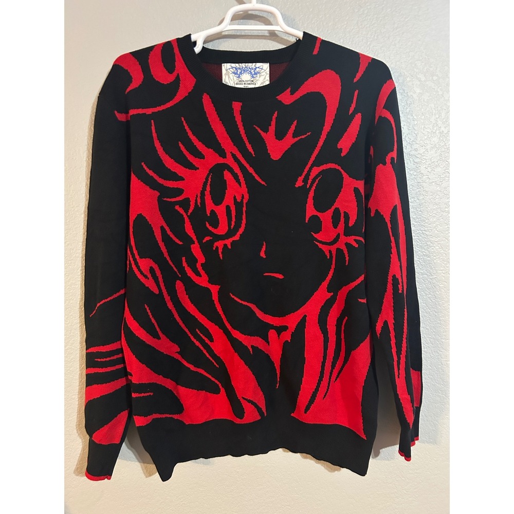 Brakence Anime Girl Knit Sweater Mens 2XL Black Red Streetwear Graphic Cotton